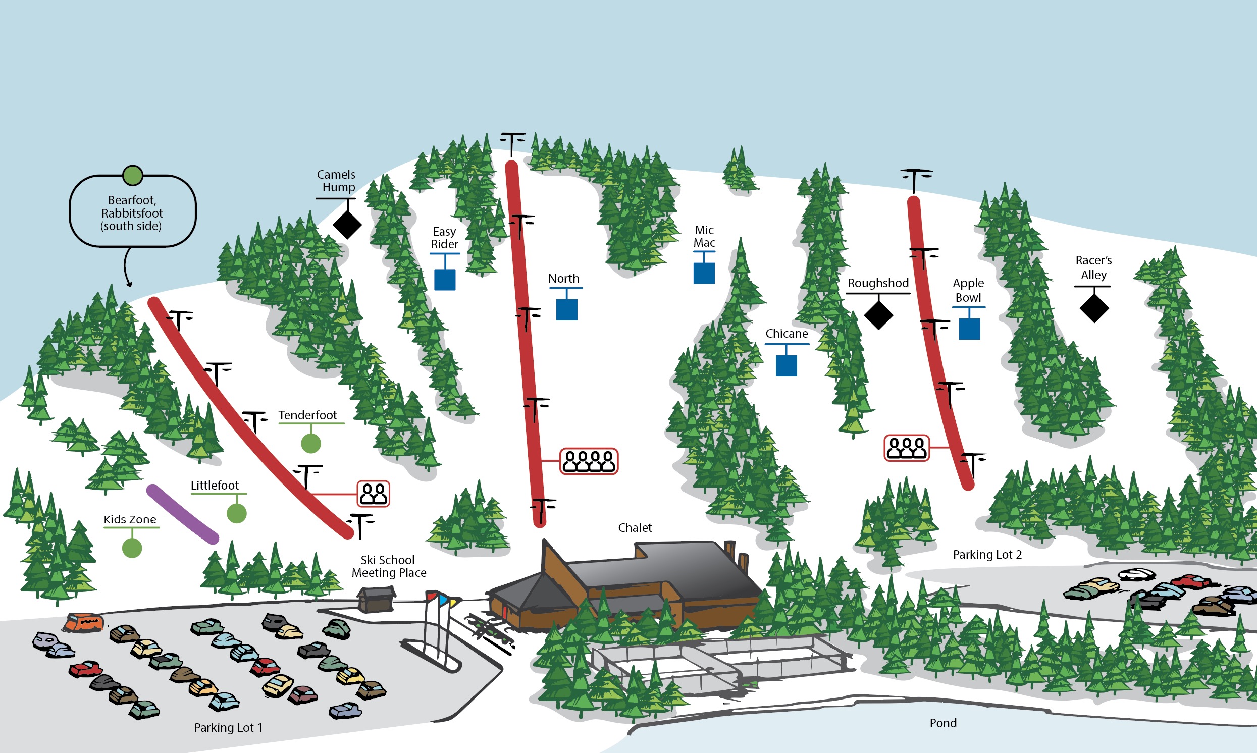 Chicopee site/trail map showing the resort grounds, chalet, parking lots, and trails.